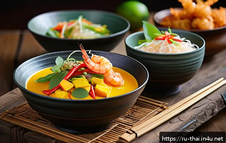태국의 고급 요리 코스 - A vibrant and elegant Thai tasting set served on a rustic wooden table, featuring a variety of small...