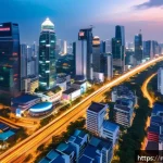 Home 21 태국의 벤처 캐피탈 산업 - A vibrant modern Southeast Asian cityscape at dusk showcasing rapid economic development, with sleek...