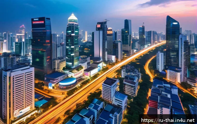 태국의 벤처 캐피탈 산업 - A vibrant modern Southeast Asian cityscape at dusk showcasing rapid economic development, with sleek...
