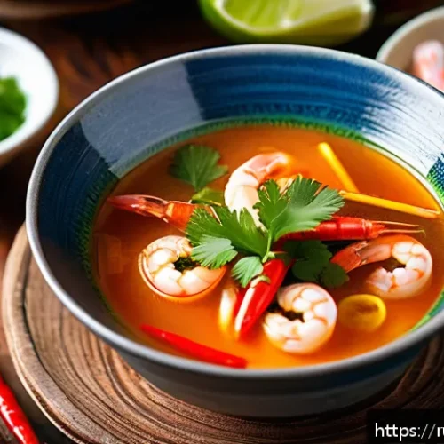 Home 31 똠얌꿍 레시피 - A vibrant, close-up image of a steaming bowl of traditional Tom Yum soup served in a deep ceramic bo...