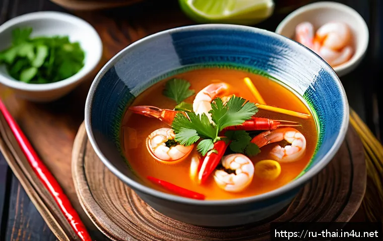 똠얌꿍 레시피 - A vibrant, close-up image of a steaming bowl of traditional Tom Yum soup served in a deep ceramic bo...