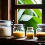 Home 18 태국의 전통 술 제조법 - A traditional Thai fermentation setup in a warm kitchen corner, featuring clear glass jars filled wi...