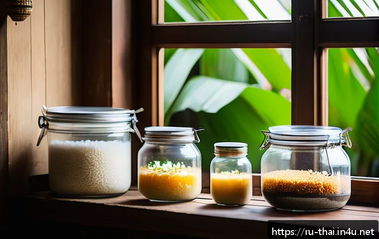 태국의 전통 술 제조법 - A traditional Thai fermentation setup in a warm kitchen corner, featuring clear glass jars filled wi...