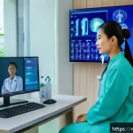Home 23 태국의 헬스케어 혁신 - A modern Thai hospital room featuring a young female doctor conducting a telemedicine consultation w...