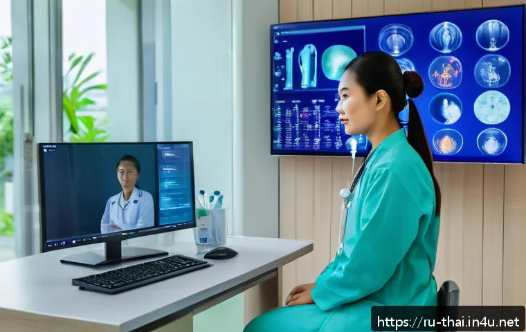 태국의 헬스케어 혁신 - A modern Thai hospital room featuring a young female doctor conducting a telemedicine consultation w...