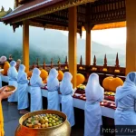 태국의 종교적 의례 - Photorealistic dawn scene at a Thai Buddhist temple in Chiang Mai, saffron-robed monks receiving alm...