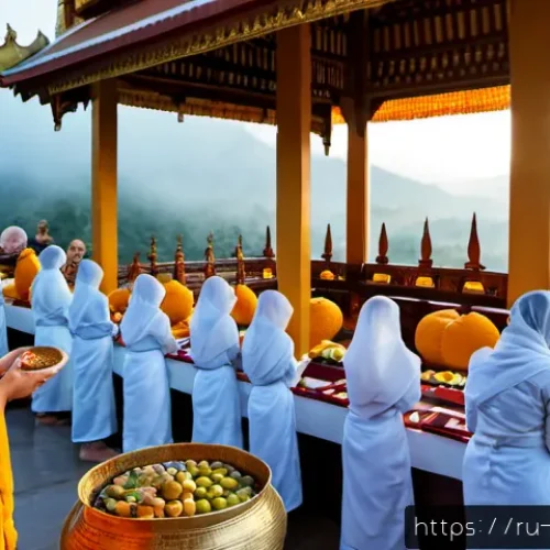 Home 17 태국의 종교적 의례 - Photorealistic dawn scene at a Thai Buddhist temple in Chiang Mai, saffron-robed monks receiving alm...