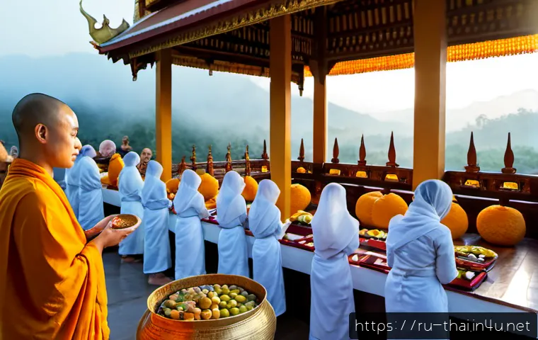 태국의 종교적 의례 - Photorealistic dawn scene at a Thai Buddhist temple in Chiang Mai, saffron-robed monks receiving alm...
