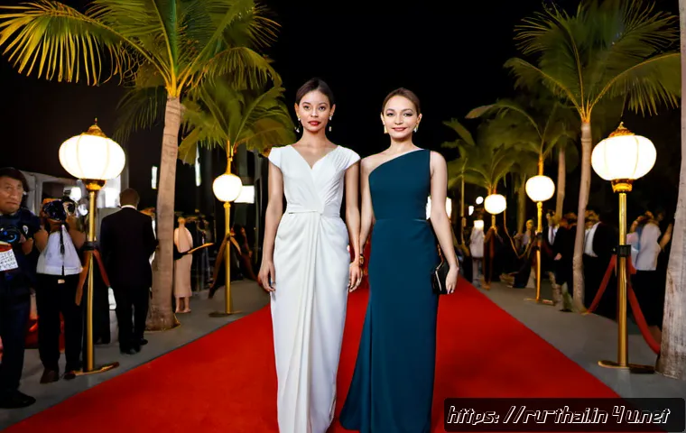 태국에서 열리는 국제 영화제 - Photorealistic evening arrival at an international film festival in Bangkok, Thailand, elegantly dre...