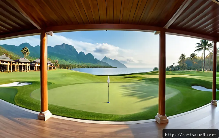 Home 17 태국의 골프 리조트 비교 - Photorealistic wide-angle comparison scene of two distinct Thai golf resort experiences side by side...