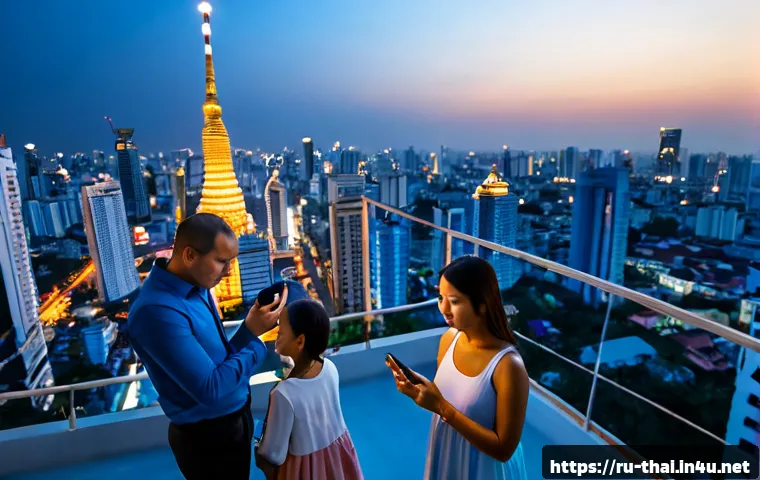 태국의 주요 통신 네트워크 - Photorealistic wide-angle view of modern Bangkok at blue hour, illuminated cellular towers rising ab...