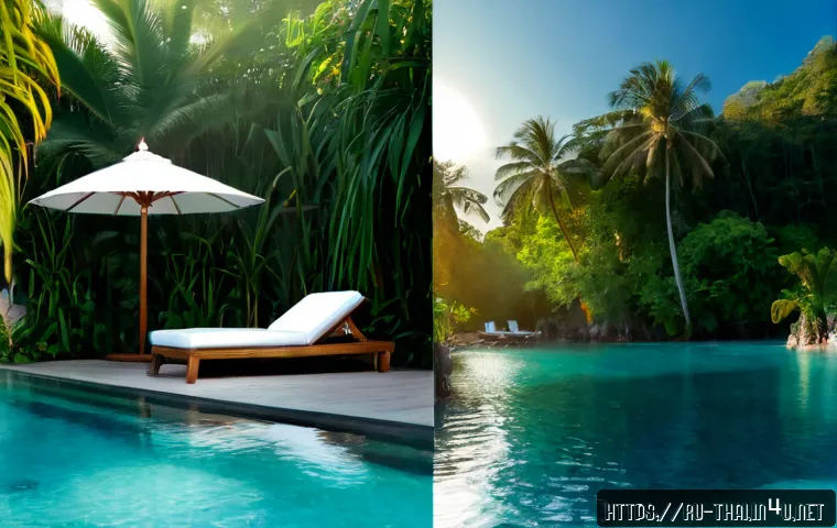 Home 17 푸켓 휴양지 비교 - Photorealistic split-scene comparison of two Phuket resort experiences for Russian travelers: tranqu...