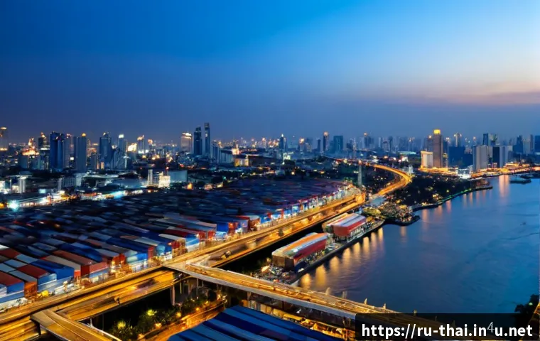 Home 17 태국의 글로벌 포지셔닝 - Photorealistic aerial view of Bangkok at blue hour, modern skyline beside the winding Chao Phraya Ri...